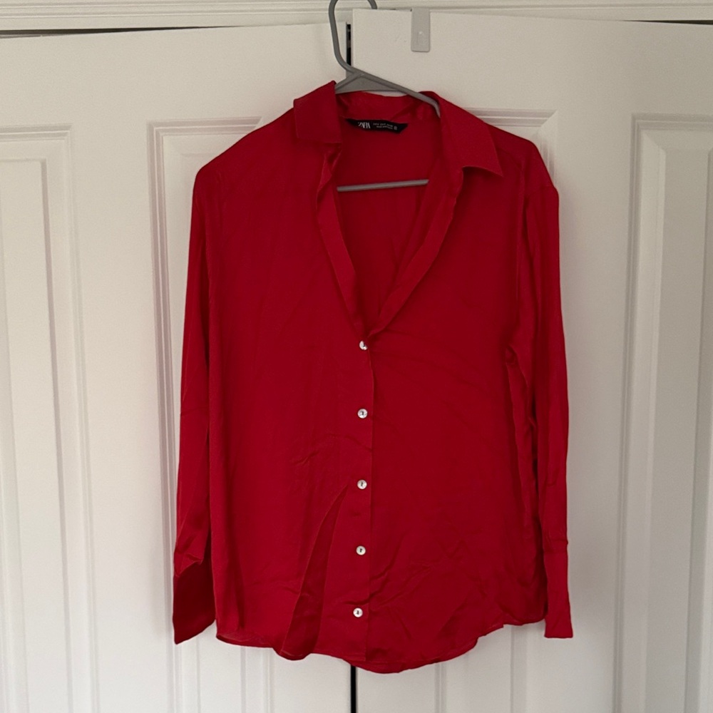 Zara Bright Red Long-Sleeve Button-Down Shirt